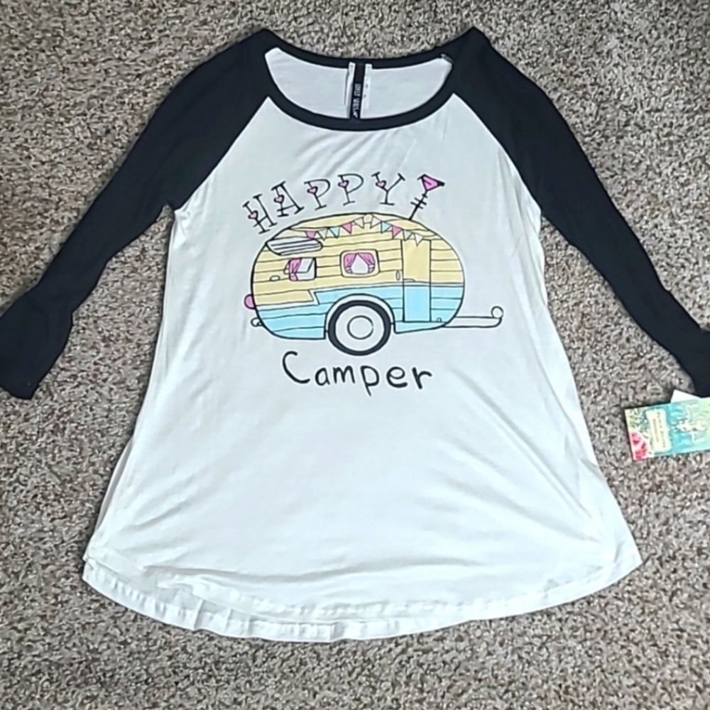Boutique T-Shirt Black and White 3/4 Sleeve Tee with Vintage Camper Design